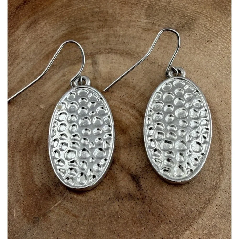 Womens Hammered Silver Oval Dangle Drop Earrings Statement Teardrop Western Boho